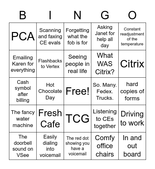 PCA Holiday Bingo: Memories from the Before Times Bingo Card