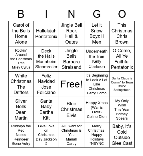 Christmas Songs BINGO Card