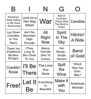 Top 29 Songs of 1970 Bingo Card