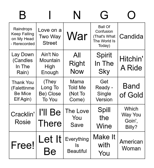 Top 29 Songs of 1970 Bingo Card