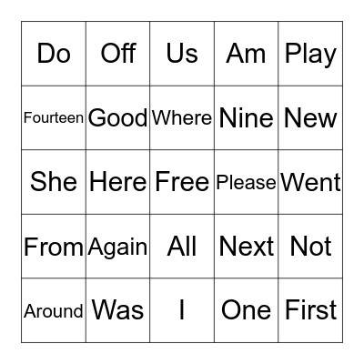 Sight Word Bingo Card