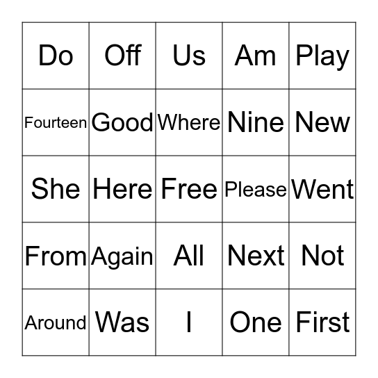 Sight Word Bingo Card