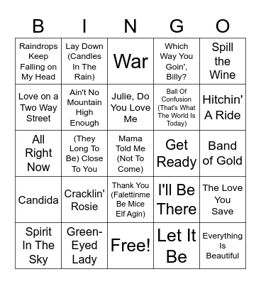 Top 30 Songs Of 1970 Bingo Card
