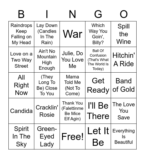 Top 30 Songs Of 1970 Bingo Card