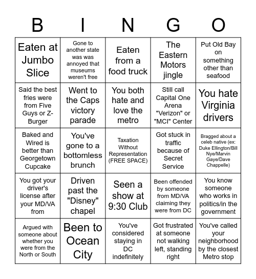WASHINGTON DC Bingo Card