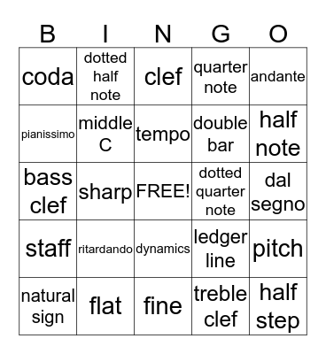 Musical Bingo Card