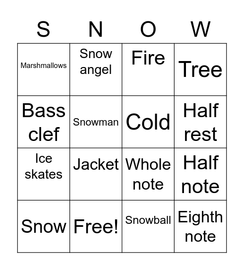 Choir Winter Bingo Card