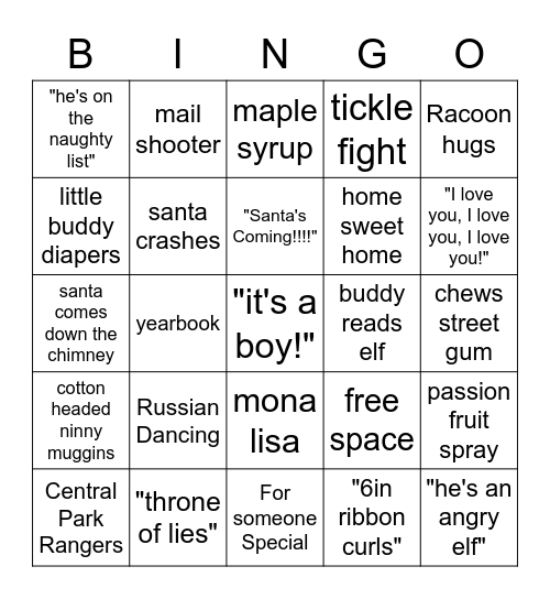 Elf Bingo Card