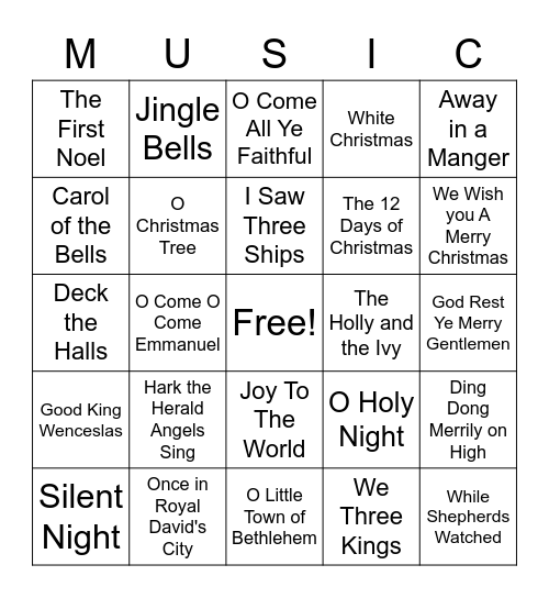 Christmas Carol MUSIC Bingo Card