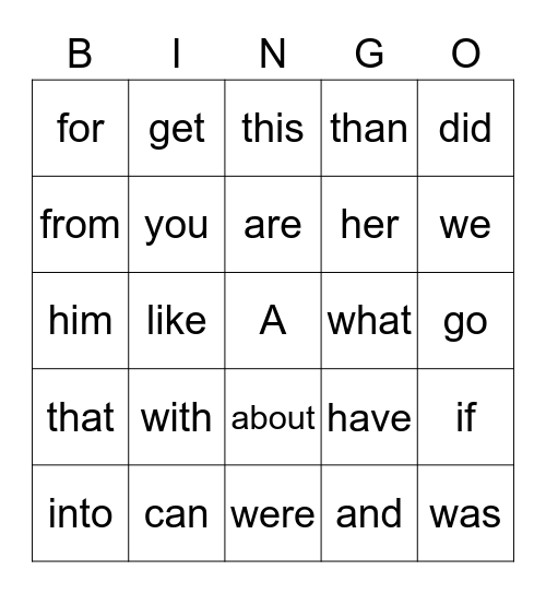 Sight Words Bingo Card