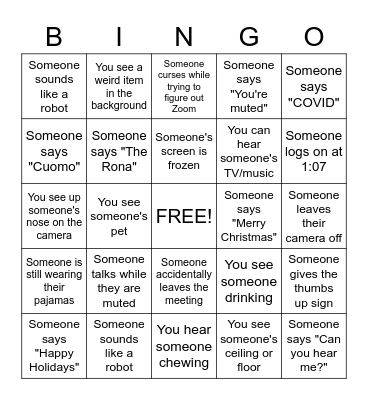 Holiday Zoom Call Bingo Card