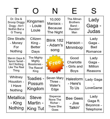 Game Of Tones 12-14-20 Game 7 Bingo Card
