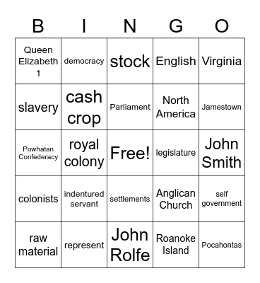 Virginia Colonies Bingo Card