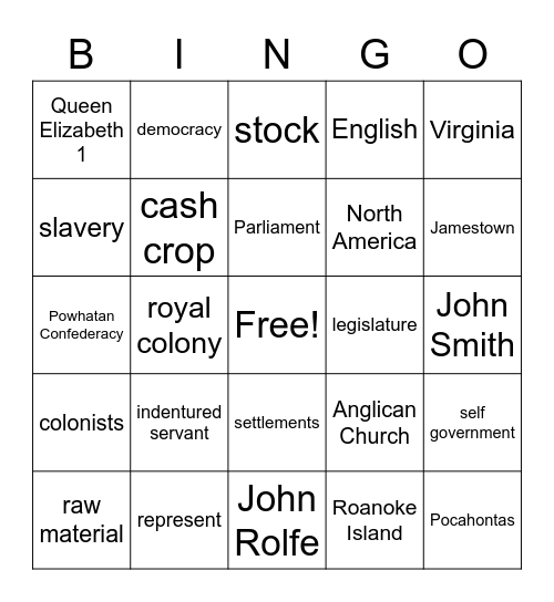 Virginia Colonies Bingo Card