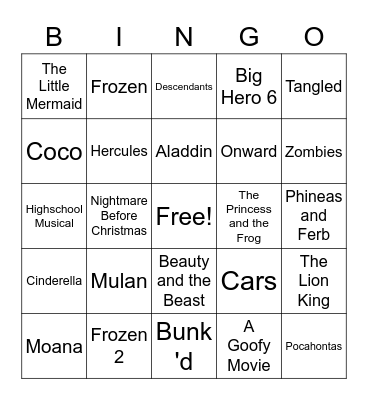 Disney Movies/Shows Bingo Card