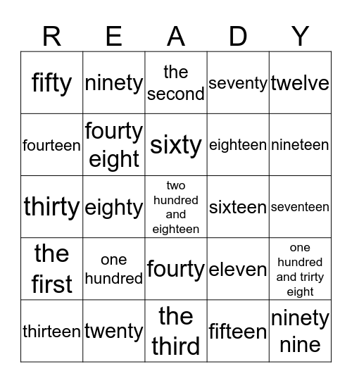 NUMBERS Bingo Card