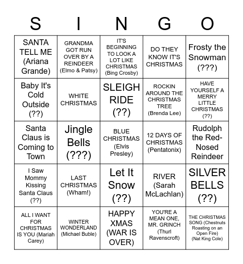 HOLIDAY POP HITS Bingo Card