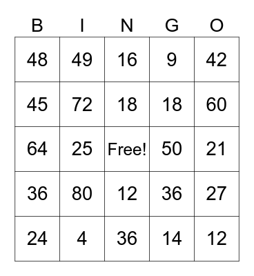 Multiplication Bingo Card