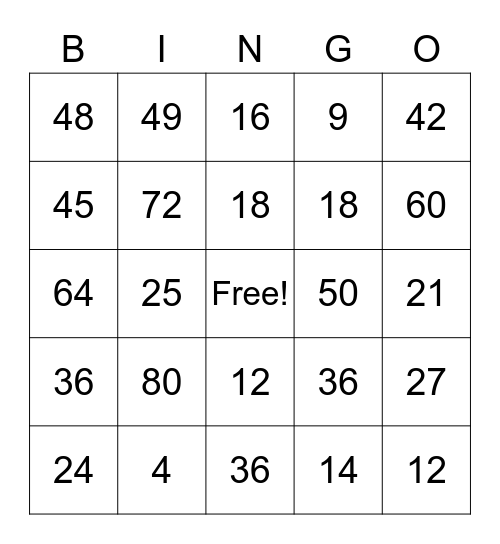 Multiplication Bingo Card