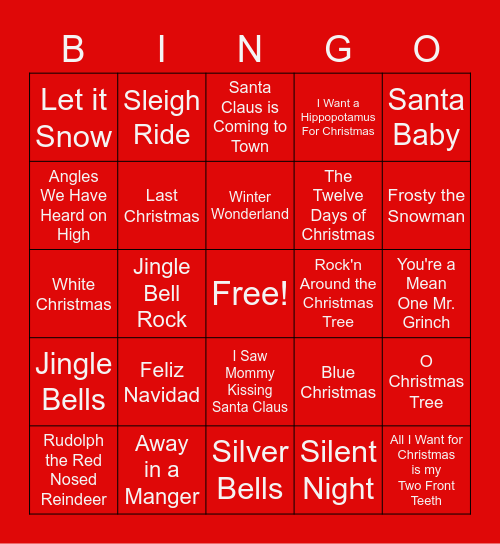 Holiday Song Bingo Card