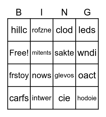 Winter Themed Words Bingo Card