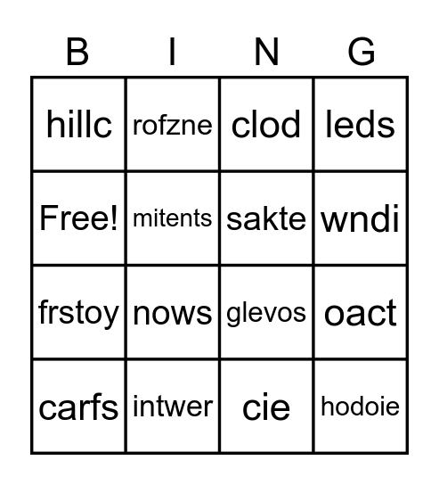 Winter Themed Words Bingo Card