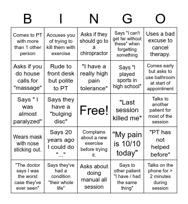 Physical Therapy Bingo Card