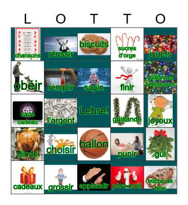 Le Noël, Les Mis, & IR verbs Bingo Card