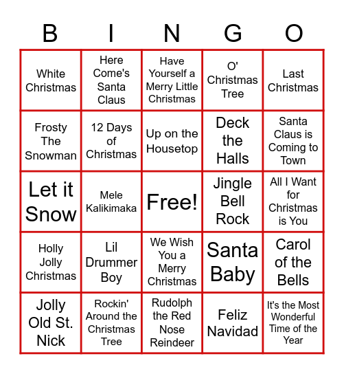Holiday Music Bingo Card