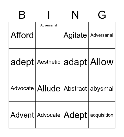 Vocabulary Bingo Card