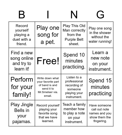 Christmas Break Challenge Bingo Card