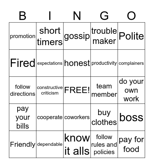Expectations BINGO Card