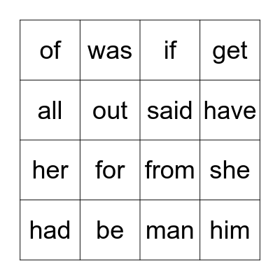 Sight Words Bingo Card