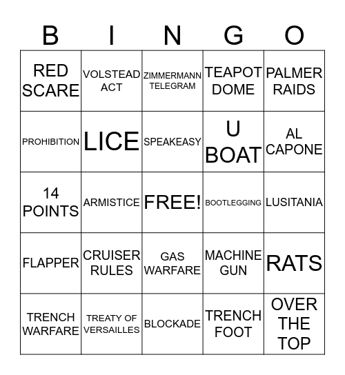 WW1 ROARING 1920s Bingo Card