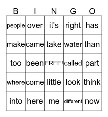 Spelling Words Bingo Card