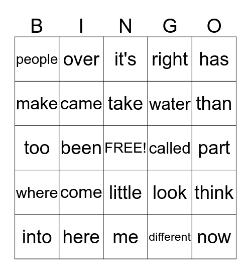 Spelling Words Bingo Card