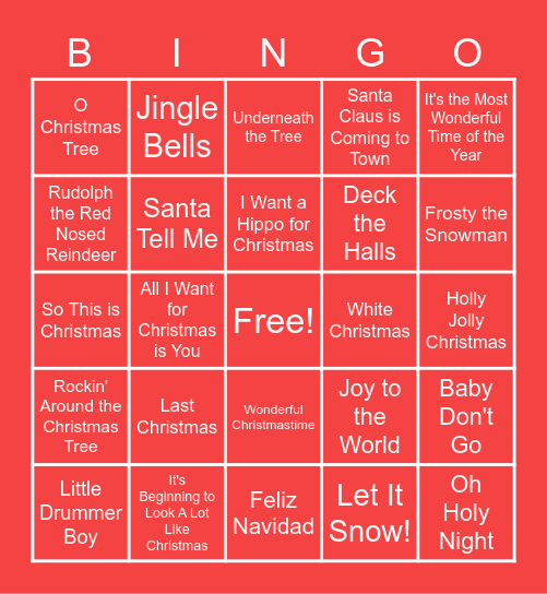 Holiday Song Bingo Card