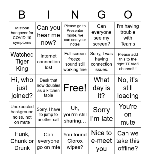 WTH Work From Home Bingo Card