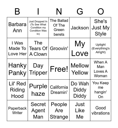 60s Hits #2 Bingo Card