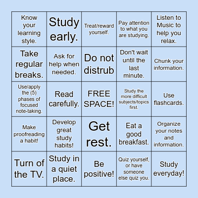 Study Skills BINGO Card