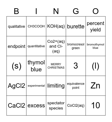 Chemistry 20 Stoichiometry Bingo Card