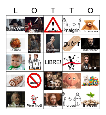 Le Nöel, Les Mis. & IR verbs Bingo Card