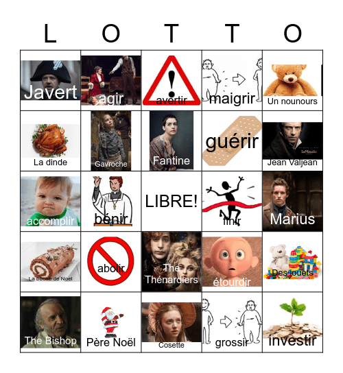Le Nöel, Les Mis. & IR verbs Bingo Card