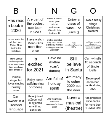 MSC/GTR Holiday Bingo Card