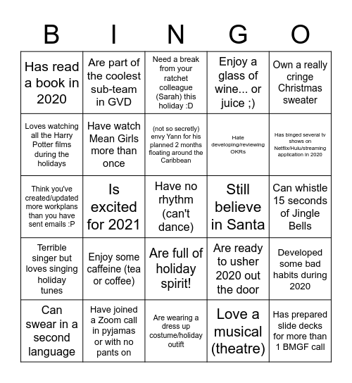 MSC/GTR Holiday Bingo Card