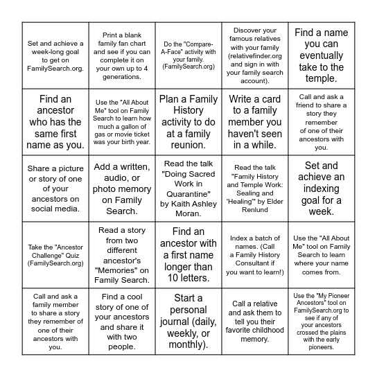 Family History Challenge Bingo Card
