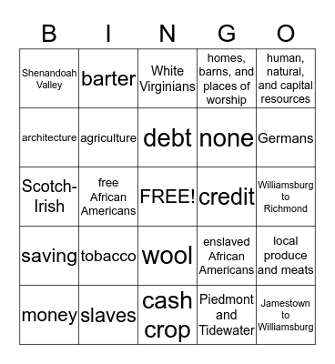 Colonial Virginia Bingo Card