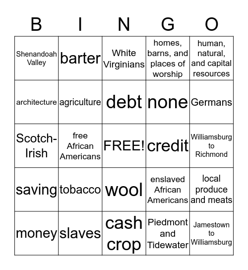 Colonial Virginia Bingo Card