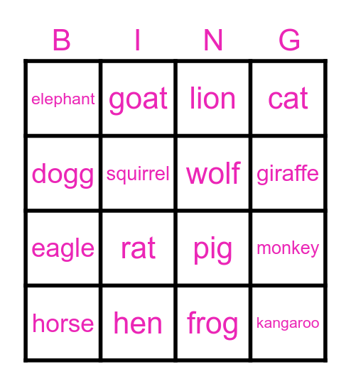 animal voice Bingo Card