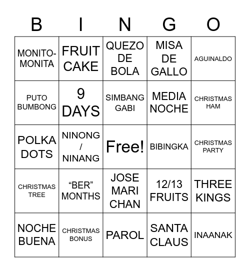 FILIPINO CHRISTMAS Bingo Card